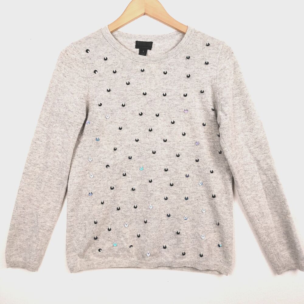 J Crew Cashmere Sweater Womens Small Gray Crew Neck Luxury Embellished Artsy